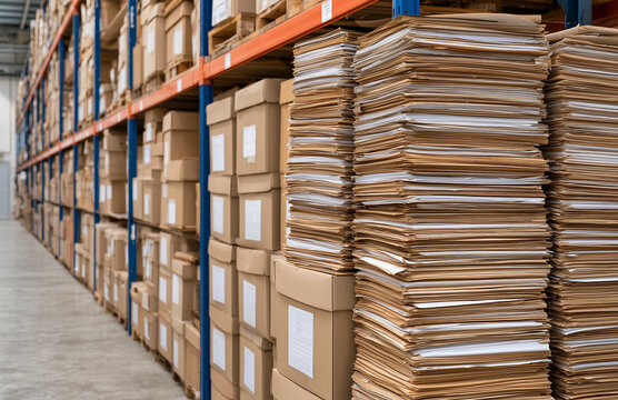 Large Stacks of Paper Documents and Cardboard Boxes on Industrial Racks in Modern Archive Warehouse, Concept of Document Storage, Bureaucracy, Digitization, and Records Management