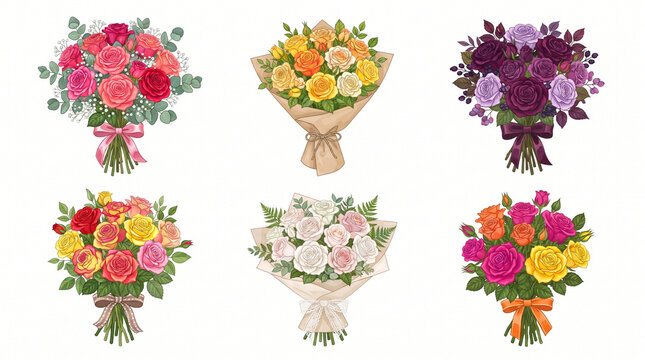 Colorful Vector Roses Collection &ndash; Elegant Blooming Rose Flowers, Bouquets and Floral Design Elements Set