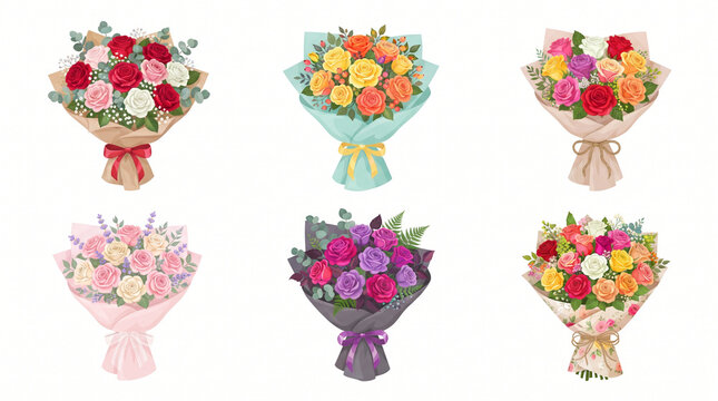 Colorful Vector Roses Collection &ndash; Elegant Blooming Rose Flowers, Bouquets and Floral Design Elements Set