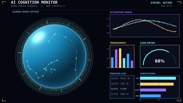 AI Cognition Monitor HUD dashboard screen featuring active neural node lattice, activation trace telemetry, and system performance metrics