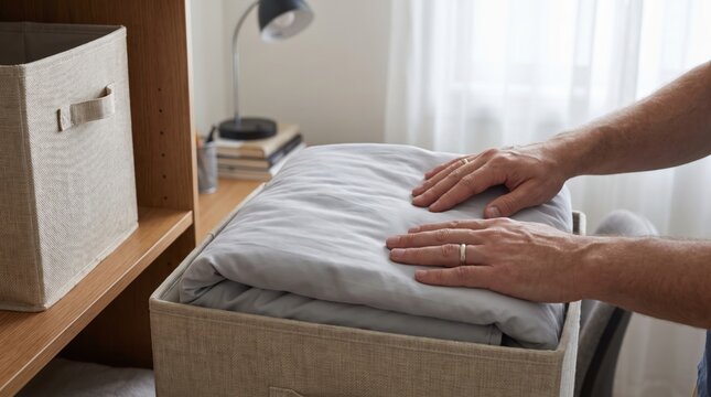 Male hands carefully folding and organizing a light grey blanket into a fabric storage box on a wooden shelf
