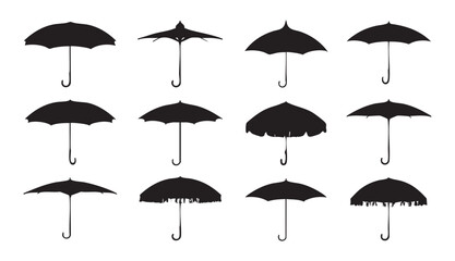Obraz premium Set of twelve black umbrella silhouette vector icons with various shapes and styles.