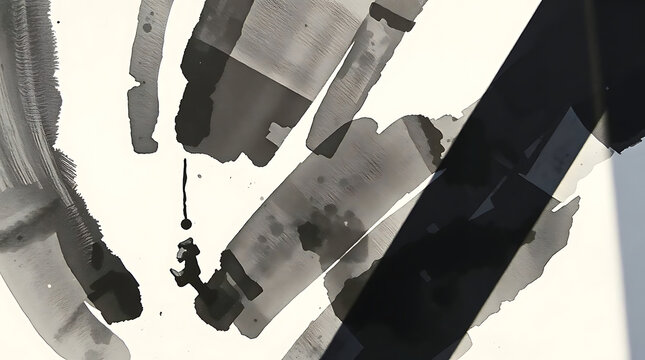 Abstract ink brush strokes on textured paper with dramatic shadow play and selective focus