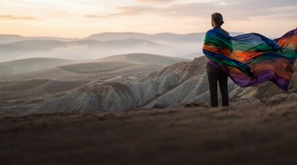 Fototapeta premium silk texture design, a person gazes at a vast, colorful abstract landscape, evoking serenity