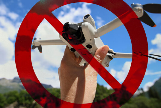 Drone in Front of a No Drone Flying Sign Symbolizing Restricted Airspace and Flight Regulations