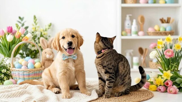 Golden retriever puppy wearing bow tie sits with tabby cat near easter basket filled with eggs. Adorable pets among colorful tulips and bunny figure for spring holiday celebration