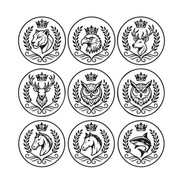 A premium collection of 6 unique circular animal head vector logos featuring a lion, eagle, deer, owl, horse, and shark. Clean minimalist badge design, smooth vector construction, symmetrical compost