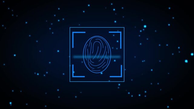 Blue Fingerprint Scan Icon with Digital Particles Background identification security animation