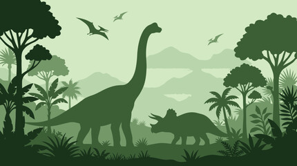 Prehistoric dinosaurs in lush jungle landscape. Vector illustration of extinct reptiles with flying pterodactyls in tropical forest setting. © isay4am