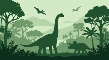 Prehistoric dinosaurs in lush jungle landscape with flying reptiles. Vector illustration of extinct creatures in vibrant Mesozoic era environment. © isay4am