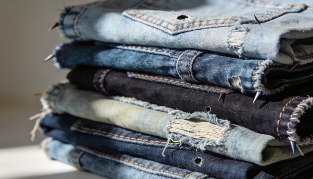 Denim Stack: A close-up view of a neatly stacked pile of distressed denim jeans, featuring rips, tears, and unique hardware.