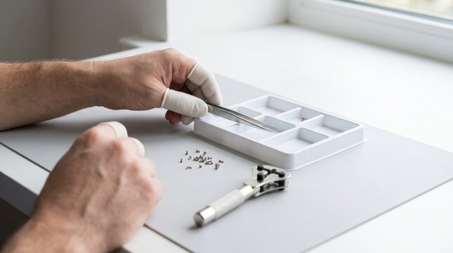 Hands wearing finger cots using tweezers to sort tiny watch screws in a white plastic tray on a white desk