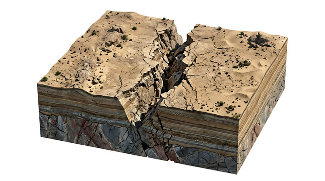 Educational geological cross section of a fault line isolated on white