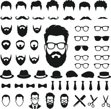 Hipster Grooming Accessories Vector Icon Set with Hairstyles, Beards, Mustaches, Glasses, Hats, Bow Ties and Professional Male Avatar Collection
