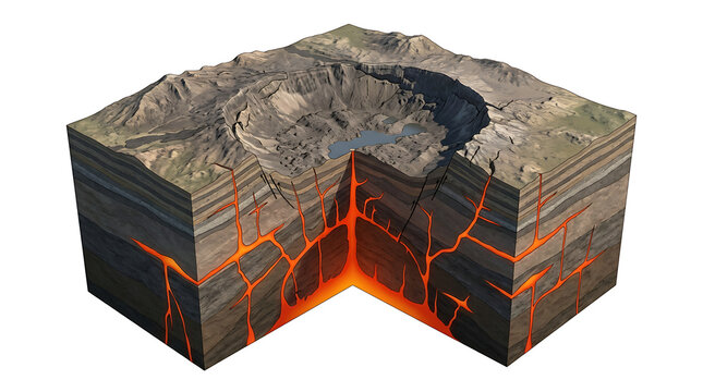 3D cross section of a volcano showing magma chamber isolated on white background