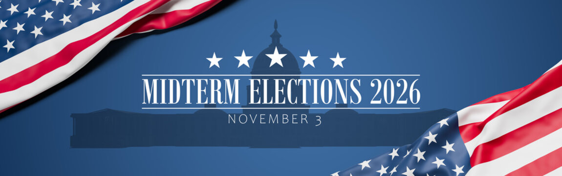 The wrinkled flag of the USA draped onto a blue surface with capitol silhouette and the text "Midterm Elections 2026 - November 3". Web banner