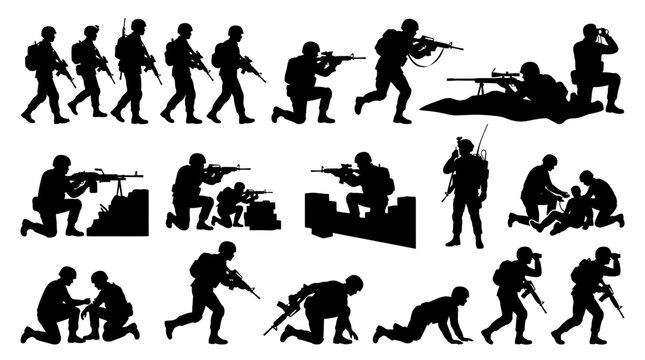 Military soldiers in combat action poses and tactical movements. Armed infantry team engaging in urban warfare drills with rifles and dynamic stances.