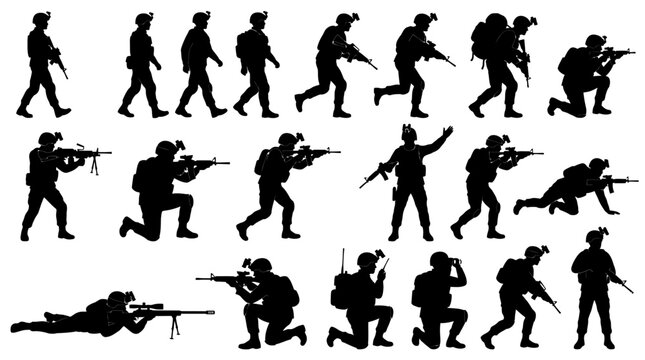 Military soldiers in combat action poses and tactical movements. Armed infantry team performing drills, assaults, and reconnaissance with rifles an...