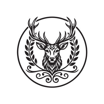A premium circular emblem featuring a majestic deer head with elegant antlers. Clean vector paths, balanced composition, smooth contours, organized layers, monochrome black, white background, luxury b