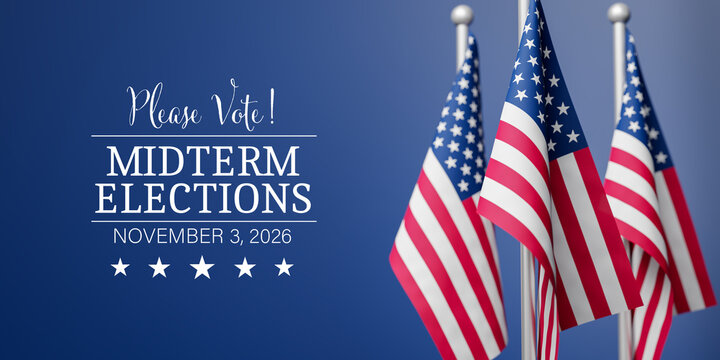 Text "Please Vote! - Midterm Elections - November 3, 2026" to the left of American flags on blue background. Front flag in focus, selective focus