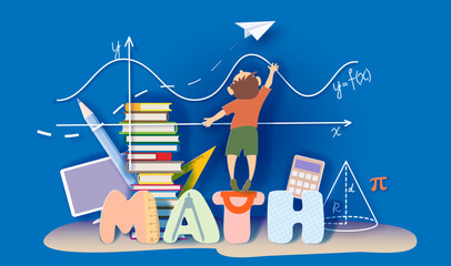 Back to school Concept. Cartoon Little boy math student learning mathematic in trendy paper cut craft style. © Valenty