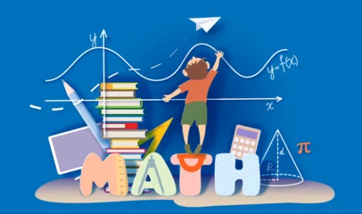 Back to school Concept. Cartoon Little boy math student learning mathematic in trendy paper cut craft style. © Valenty