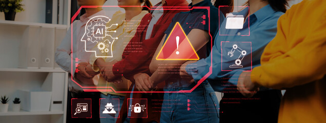 Obraz na płótnie Canvas Futuristic cybersecurity concept featuring a critical system warning, malware detection, and red alert interface. Represents a data breach, ransomware attack, and automated AI defense response. Corpus