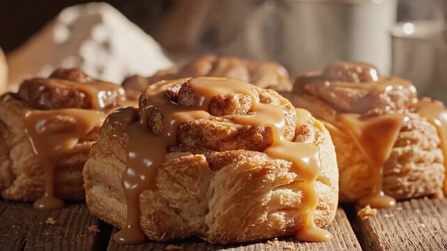 A slow push-in shot captures freshly baked golden cinnamon rolls on a rustic wooden table, highlighting flaky pastry textures under warm morning sunlight for a cozy, appetizing bakery aesthetic.