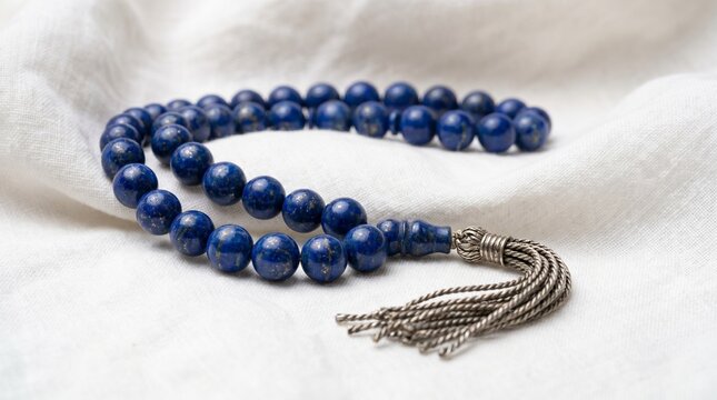 Macro Lapis Lazuli Prayer Beads, Polished Blue Tasbih With Metallic Tassel, White Linen Fabric Texture, Luxurious Spiritual Object Portrait