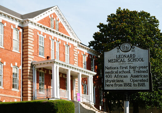 Raleigh, NC - USA - 7-7-2026: Historical marker for Leonard Medical School on the campus of Shaw University, an HBCU in downtown Raleigh