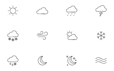 Obraz premium Set of 12 line weather icons showing sun, clouds, rain, snow, wind, moon, snowflake.