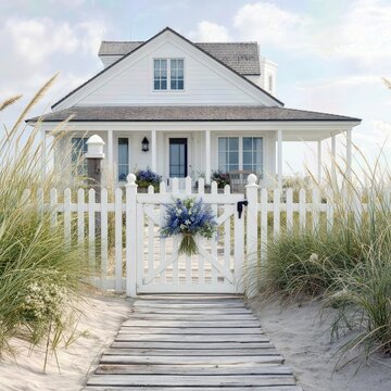 White cottage on the beach surrounded by dune grass and white sand, with a white wooden picket fence and a summer floral arrangement hanging on the gate 