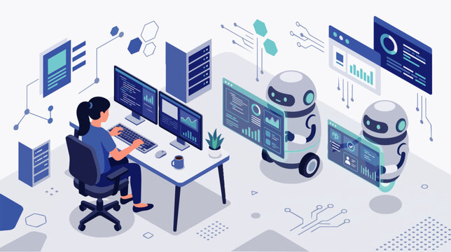 Flat vector A man sits at a computer desk with two AI robots assisting him with his work, surrounded by monitors displaying lines of code and programming software.