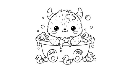 Naklejka premium Adorable fluffy monster enjoying a bubbly bath with rubber ducks, a charming line art illustration perfect for children's coloring books.