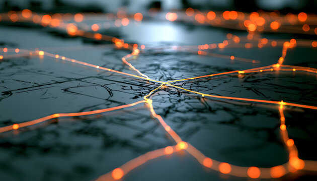 A medium shot of a brightly illuminated network diagram, with a self-healing fiber optic system highlighted, showing automated rerouting routes around detected faults in sharp focus, while the main pa