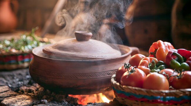 A clay pot simmers dishes over a hearth where fire burns. Steam wafts from the lid, containing crisp vegetables such as tomatoes and bell peppers, placed in a nearby basket. This is rustic equipment u