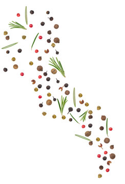Colorful peppercorns and fresh rosemary needles scattered freely diagonally