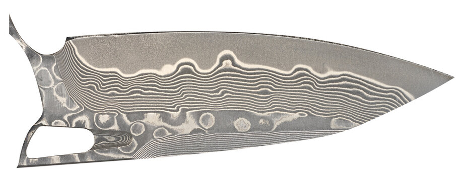Knife blade with the characteristic wavy and ringed pattern typical of Damascus steel.