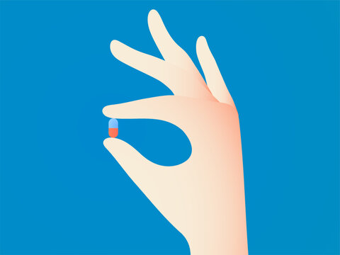 Female Hand Holding Capsule Pill. Flat Medical Illustration for Healthcare and Pharmacy Design.