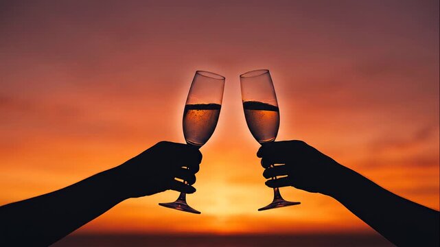 Elegant semi-silhouette composition of two hands clinking champagne flutes high against a warm sunset sky. Romantic honeymoon toast, luxury lifestyle, and timeless celebration concept.