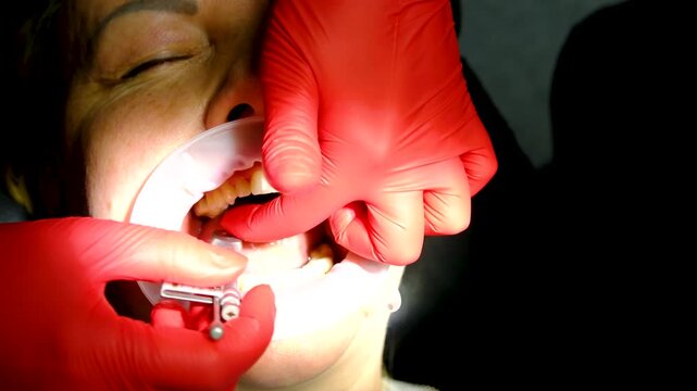 Dental implant crown placement using cheek retractor implant screwdriver and saliva ejector followed by patient smiling at beautiful treatment result in mirror