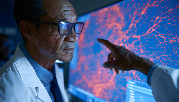 The eye doctor examines the retina scan on the blue screen.