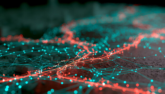 A medium shot of a glowing network map, emphasizing a self-healing fiber system with highlighted automated rerouting paths that bypass detected faults, in clear focus, with the main route standing out