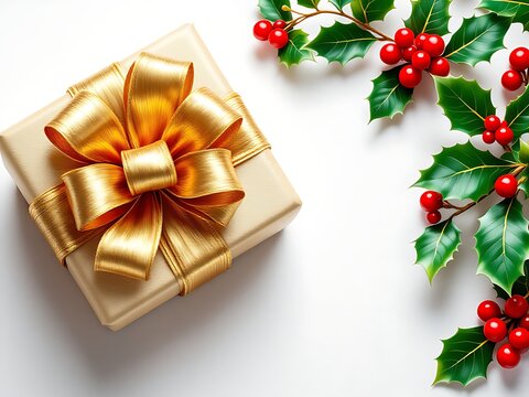 Beautiful golden gift wrapped with decorative bow and holly leaves