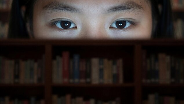 Curious young child peeking over a towering shelf of books, symbolizing discovery and learning