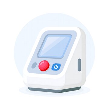 Digital pressure monitor device with a red start button and blue power on display