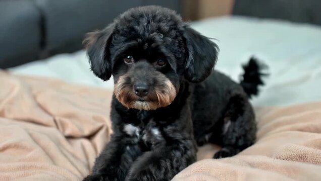 Soft 4K pet photography depicting a small black toy poodle puppy sitting quietly on a cozy bed with a warm beige blanket creating a gentle and loving mood