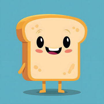 A cheerful, smiling cartoon bread slice illustration. Sweet, baked food art with rosy cheeks and wide eyes. A delightful character for children's animations and playful breakfast ideas.