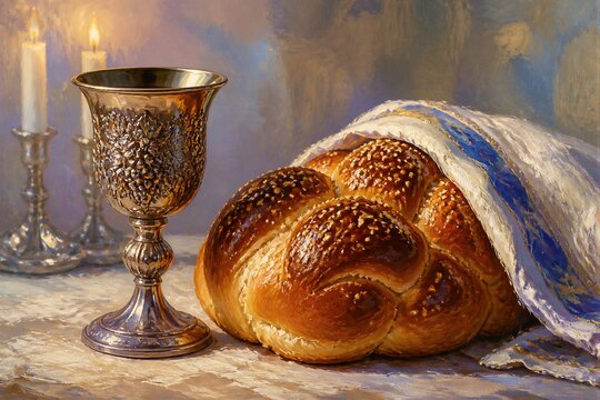 Challah loaf covered resting beside ornate silver cup on table