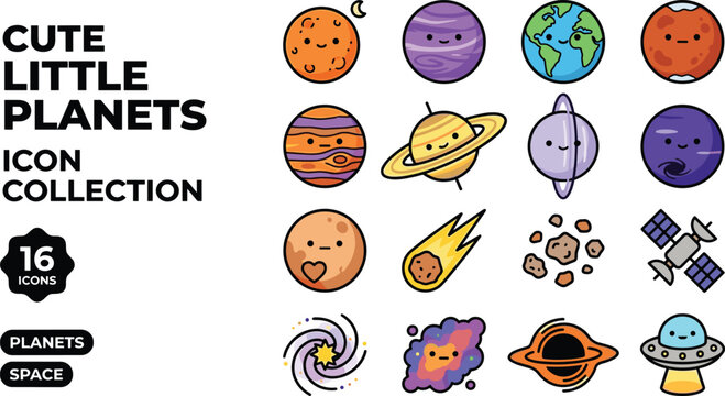 Cute Pixel Art Icons Collection Featuring Planets and Space Objects